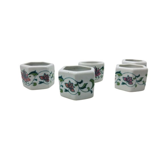 Set Of 5 Vintage Chinese Floral Hexagonal Porcelain Napkin Rings - Picture 2 of 4